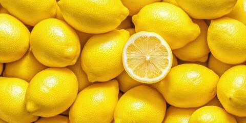 A vibrant arrangement of fresh lemons, with one sliced lemon showcasing its juicy interior among whole lemons.
