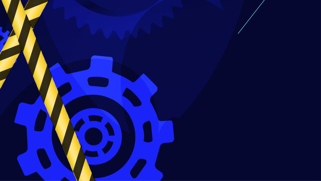 An eye-catching digital design featuring blue gears and yellow caution stripes, suitable for technology or engineering themes