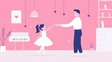 Ballet Class in a Dance Studio, an engaging scene featuring an instructor guiding a young girl, vibrant vector art with ample copy-space for text.