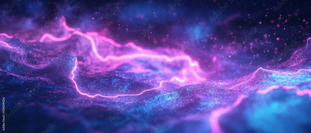 Aufkleber abstract neon landscape with glowing pink lightning and blue particles, creating a futuristic and en