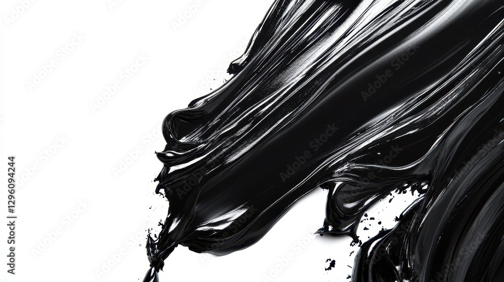 Poster a detailed view of a glossy black liquid cascading over a smooth white surface, creating a striking 