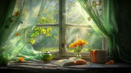 Fototapeta na wymiar Sunlit Window with Sheer Curtains Flowers Books and Teapot