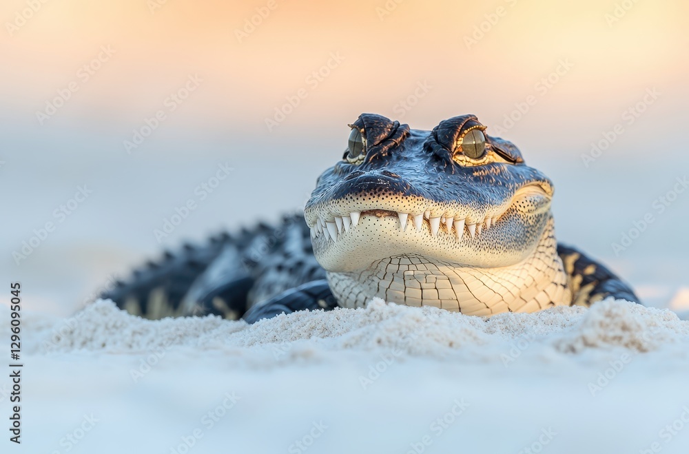 Poster lizard with dark scales and sharp teeth resting on sandy surface under soft natural light in a tranq