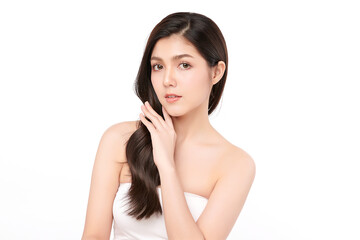 Fototapeta premium Beautiful young asian woman with clean fresh skin on white background, Face care, Facial treatment, Cosmetology, beauty and spa, Asian women portrait.