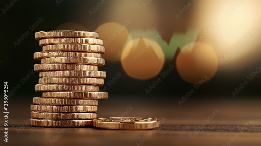 Poster stacked golden coins on wooden table with soft bokeh background creating an elegant and rich financi