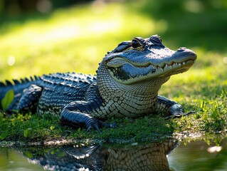 Fototapeta premium Lizard-like creature resting near water, showcasing scales, vibrant colors, lush green environment, and detailed textures under bright sunlight in serene habitat