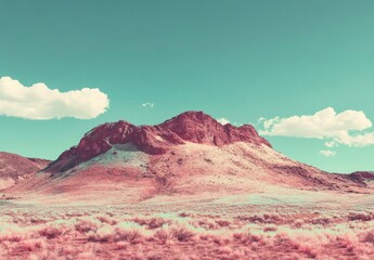 Obraz premium A mountain with a pinkish hue in the background. The sky is blue and the mountain is covered in rocks