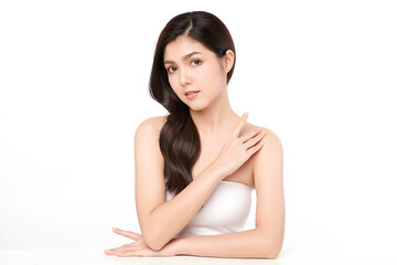 Fototapeta premium Beautiful young asian woman with clean fresh skin on white background, Face care, Facial treatment, Cosmetology, beauty and spa, Asian women portrait.