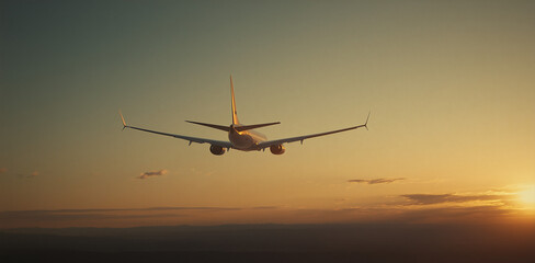 Soaring into the Horizon: An aircraft takes flight into the stunning orange-and-blue gradient of the sunset, the silhouette of a plane evokes the excitement of travel and adventure