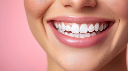 Fototapeta premium A woman with a luminous smile exhibiting her flawless teeth against a pale pink backdrop
