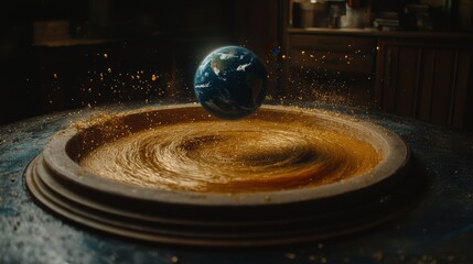 A miniature Earth hovers above a swirling vortex of golden dust, captured in a dramatic, dark setting.