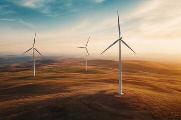 Wind turbines in a field at sunset. Clean, renewable energy concept.