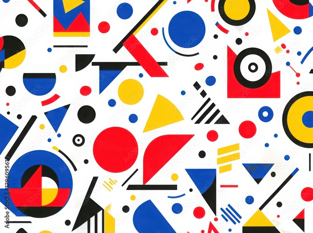 Poster a colorful abstract pattern of shapes and circles. the colors are red, yellow, and blue. the pattern