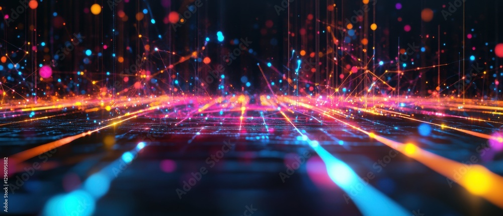 Poster abstract futuristic technology background with glowing neon lines and dots, representing data flow, 