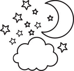 clouds stars moon line art, black outline, vector and illustration, line art and outline