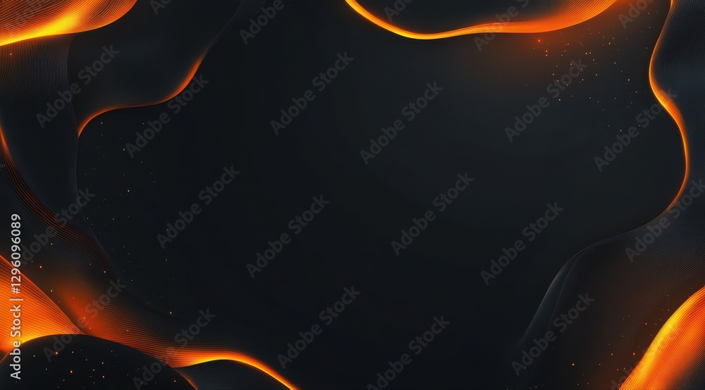 Poster a black background with orange lines and a black border. the orange lines are wavy and the backgroun
