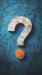 A white question mark and a red dot on a blue textured background