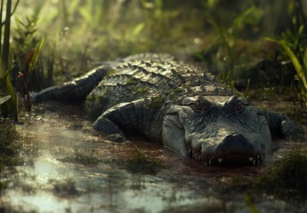 Obraz premium Lurking Alligator in a Serene Wetland Habitat Surrounded by Lush Vegetation and Mist at Dawn with Calm Water Reflections and Natural Light Patterns