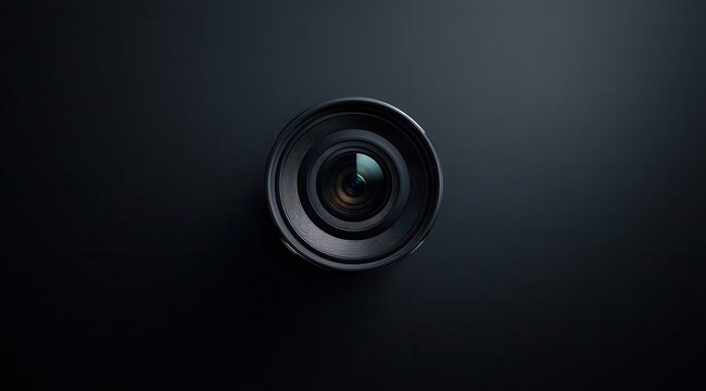 Fototapeta A black and white photo of a camera lens. The lens is in the center of the image and is surrounded by a dark background. The lens appears to be a close up of the camera's viewfinder