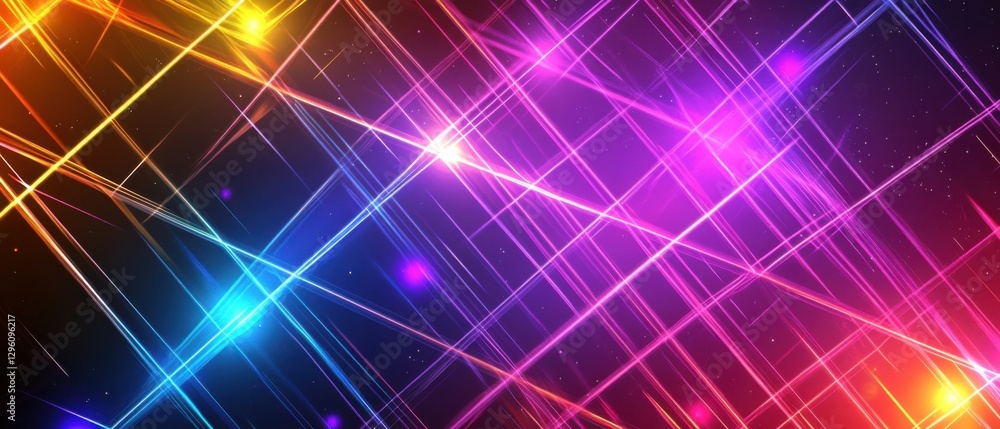 Poster abstract background with colorful glowing laser beams and light effects, creating a dynamic and vibr