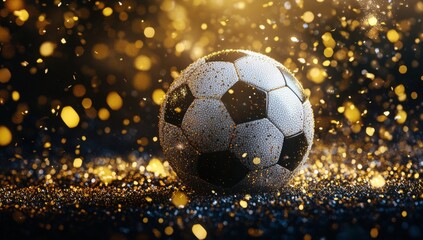 Fototapeta premium A soccer ball is sitting on a field of glitter. The ball is surrounded by a lot of sparkles, giving it a shiny and festive appearance