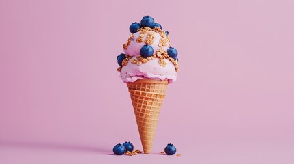 Ice cream cone with a scoop of blueberry yogurt ice cream, topped with granola and fresh blueberries.
