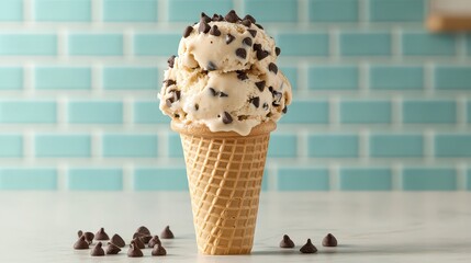 Ice cream cone with a scoop of cookie dough ice cream, topped with chocolate chips and a sprinkle of caramel.