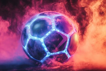 Naklejka premium A glowing soccer ball is surrounded by smoke. The ball is lit up and he is floating in the air. The smoke creates a mysterious and ethereal atmosphere, making the scene feel otherworldly and surreal