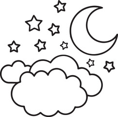 clouds stars moon line art, black outline, vector and illustration, line art and outline