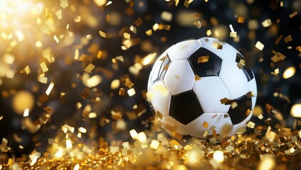 Fototapeta premium A soccer ball is surrounded by gold confetti. The confetti is falling around the ball, creating a festive and celebratory atmosphere