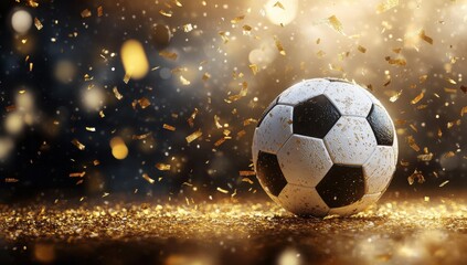Fototapeta premium A soccer ball is sitting on a gold colored surface with confetti around it. The scene conveys a celebratory mood, as if the ball has just won a game or a championship