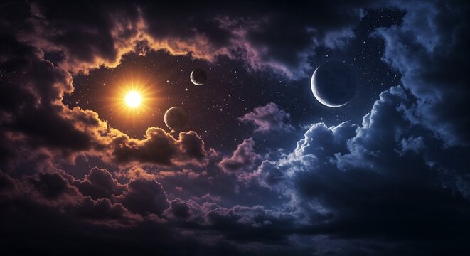 Mystical Moon and Sun Among Dramatic Storm Clouds for fantasy, astrology themes, weather blogs, climate websites, dramatic photo collections, inspirational content, metaphorical representation of hope