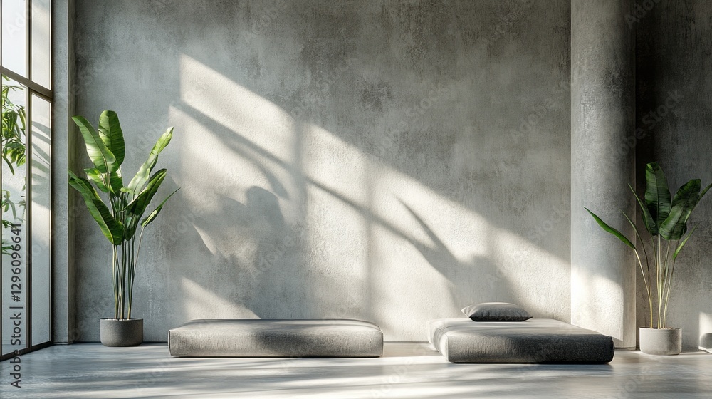 Poster natural light streams through expansive windows, casting soft shadows on a sleek minimalist interior