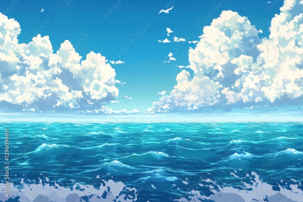 Poster the image is a computer-generated depiction of a vast ocean with a clear blue sky above it. the sky 