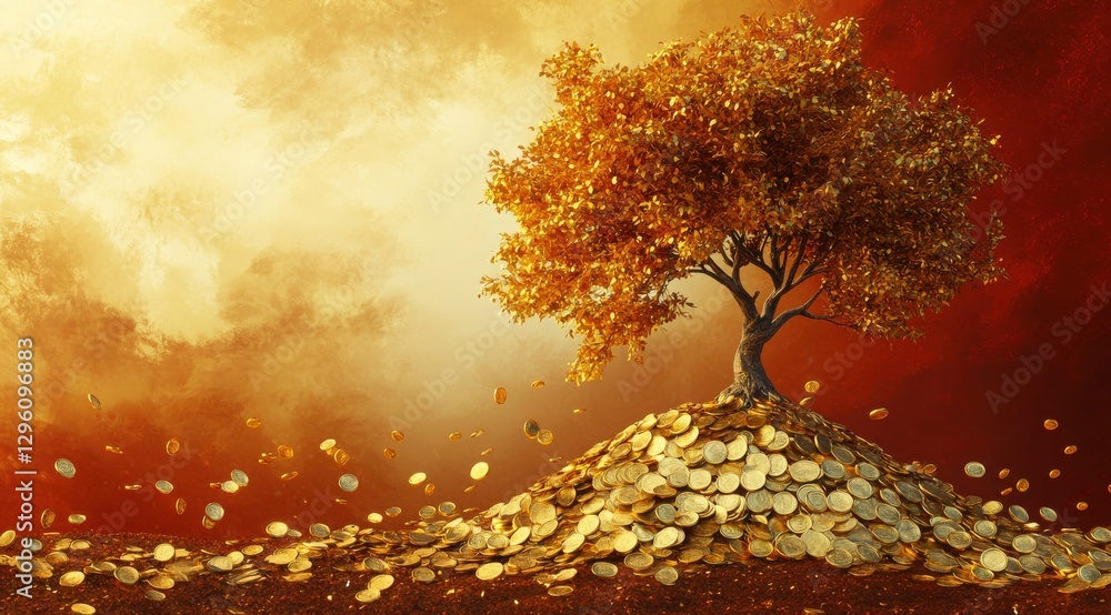 Poster a tree is surrounded by gold coins, creating a sense of wealth and abundance. the image has a warm, 