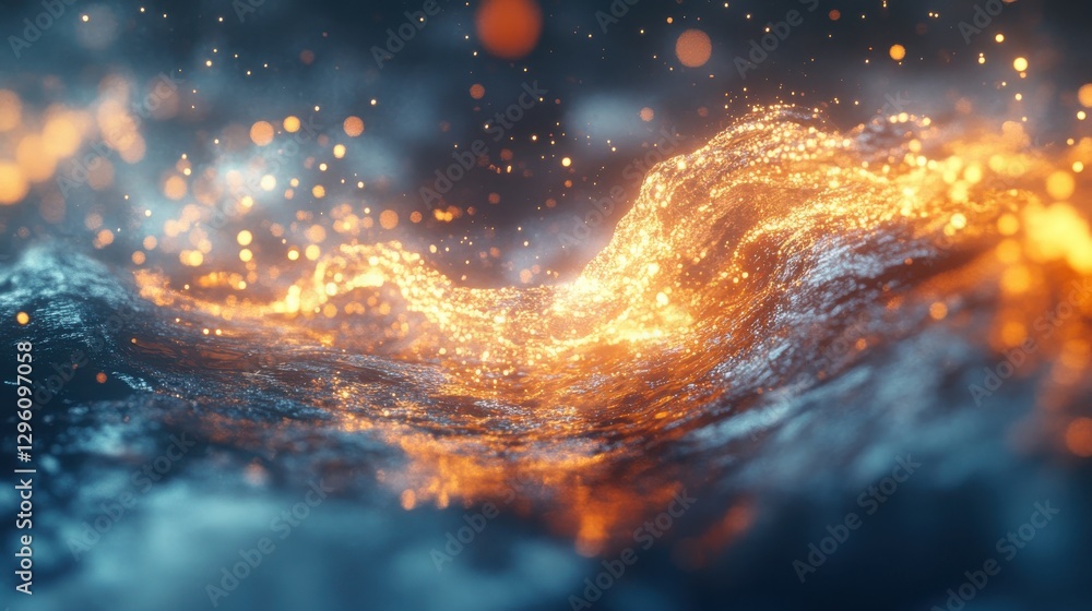 Poster a vibrant blue and orange wave with a lot of sparkles. the sparkles are orange and blue, creating a 