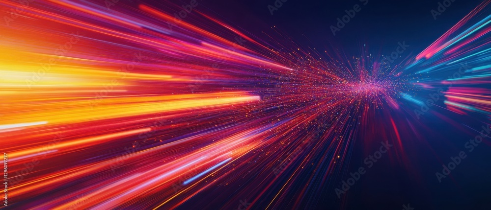 Poster abstract light speed background with colorful glowing lines and particles, concept of data stream, t