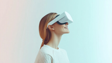 Virtual World: A woman wearing a VR headset, with a look of wonder and delight as she engages with the immersive world around her. 