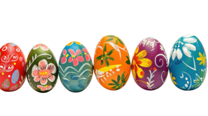 Colorful easter eggs row with floral motifs on transparent background