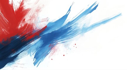 A splash of red, blue and white paint on a white background. The colors are bold and vibrant, creating a sense of energy and movement. The splatter effect gives the painting a sense of spontaneity