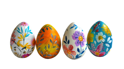Four hand painted easter eggs with floral motifs on transparent background