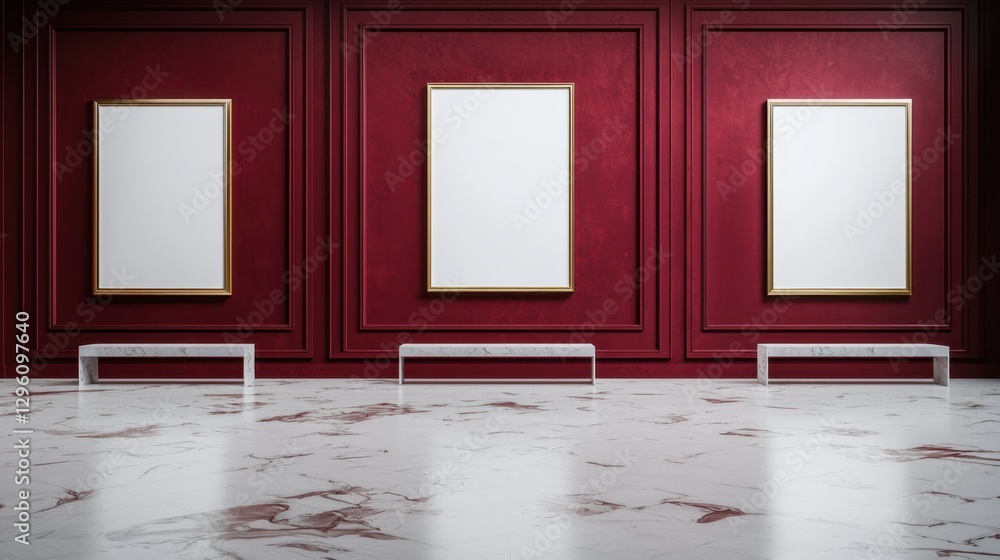 Poster empty art gallery with red walls and blank frames inviting creativity and imagination in a modern mi
