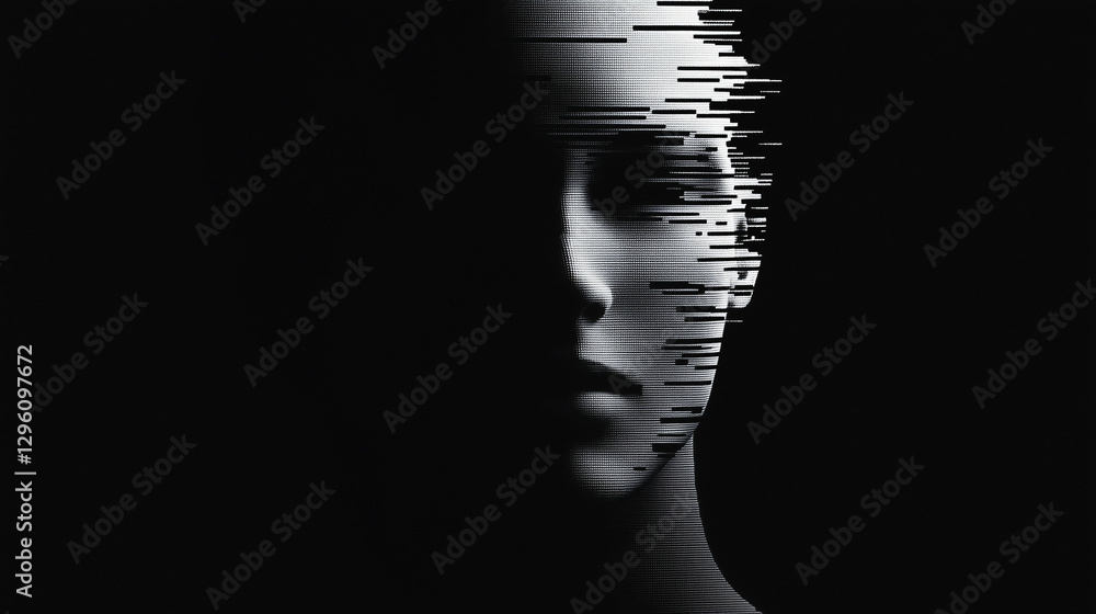 Poster digital persona: abstract portrait of a face fragmented into digital lines against a dark background
