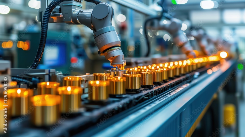 Poster automated production line with industrial robots working on manufacturing process in modern factory 