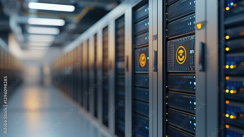 Poster high-tech server room with rows of rack mounted servers and glowing indicators in a modern data cent