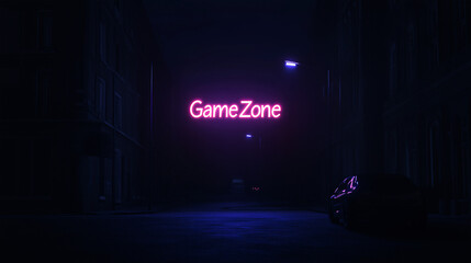 Obraz premium Neon Game Zone: A captivating street scene at night with a radiant neon sign advertising a 