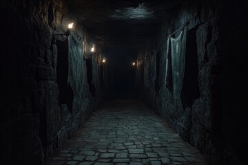 Dark corridor illuminated by flickering lanterns, creating eerie