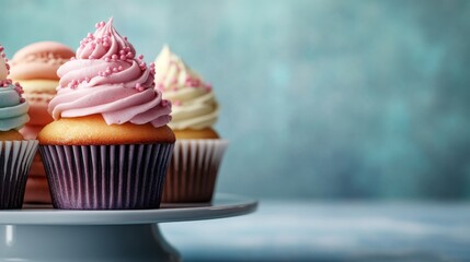 Arrange tables with cakes, cupcakes, cookies, cake pops, wedding decor ideas, and a pastel cake display with mint green decorations, surrounded by cupcakes and macarons
