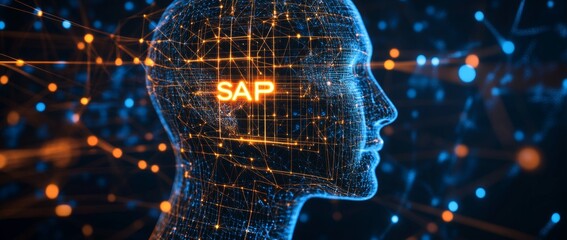 SAP - Business process automation software, futuristic AI figure with digital circuits and glowing elements, symbolizing advanced technology