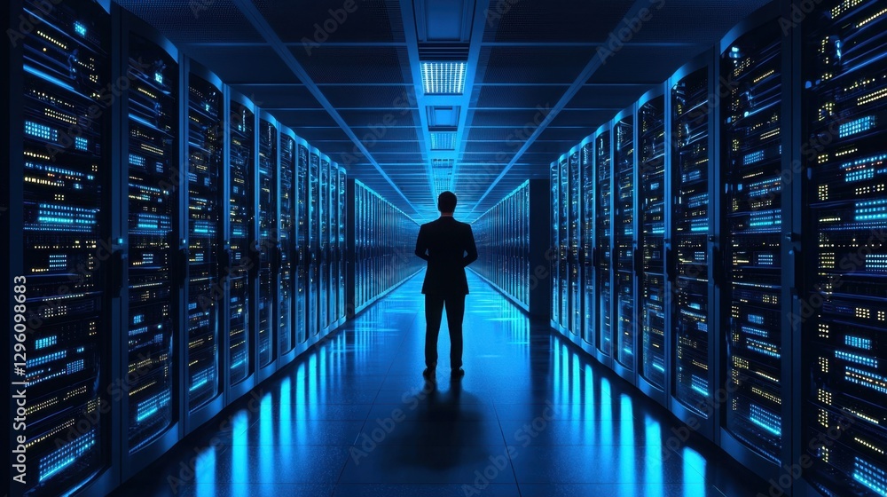 Aufkleber person in a data center surrounded by server racks illuminated with blue lights, representing techno